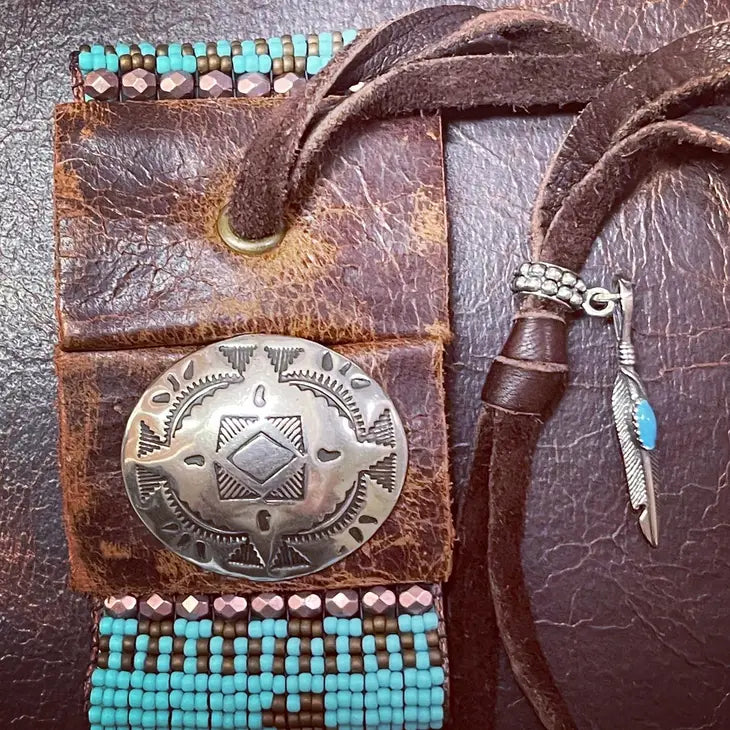 Turquoise Bronc Rider Hand Loomed Leather Cuff Bracelet