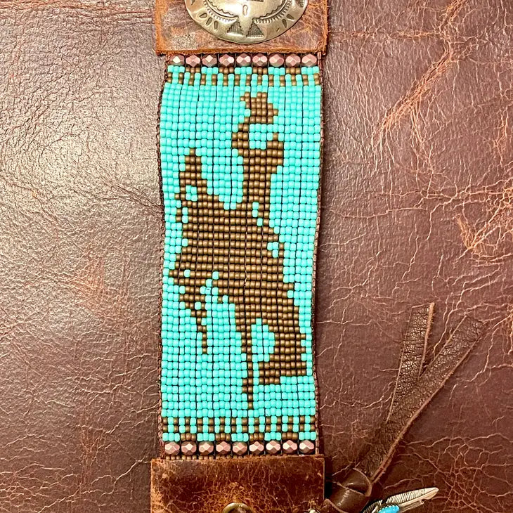 Turquoise Bronc Rider Hand Loomed Leather Cuff Bracelet