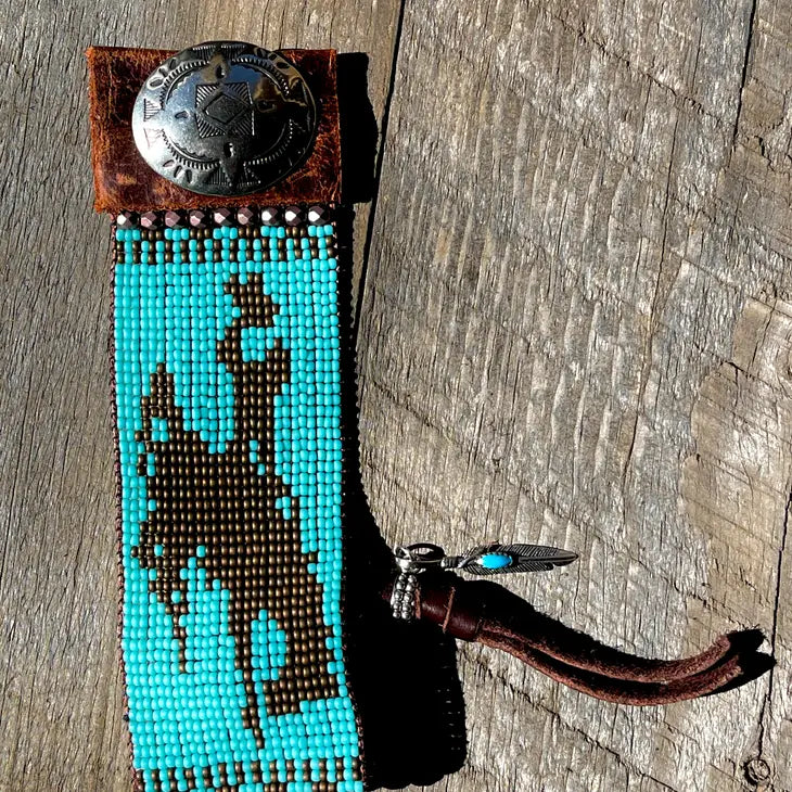 Turquoise Bronc Rider Hand Loomed Leather Cuff Bracelet