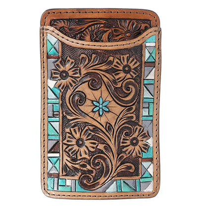 Stylish Hand Tooled Leather Smartphone Cell Phone Holder Teal