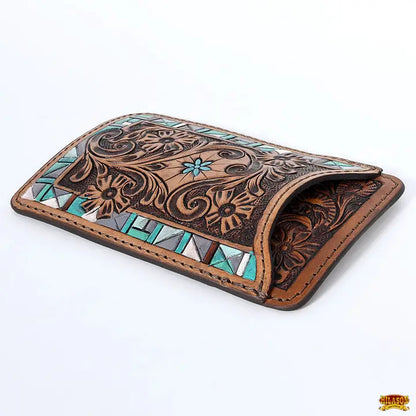 Stylish Hand Tooled Leather Smartphone Cell Phone Holder Teal