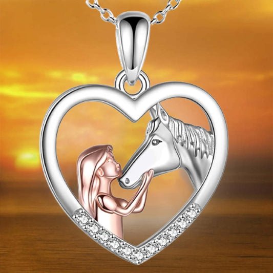 Heart Shape Pendant Necklace -Girl with Horse